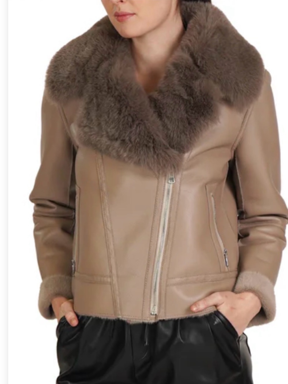 Love Token Taupe Shearling-Trim Leather Jacket